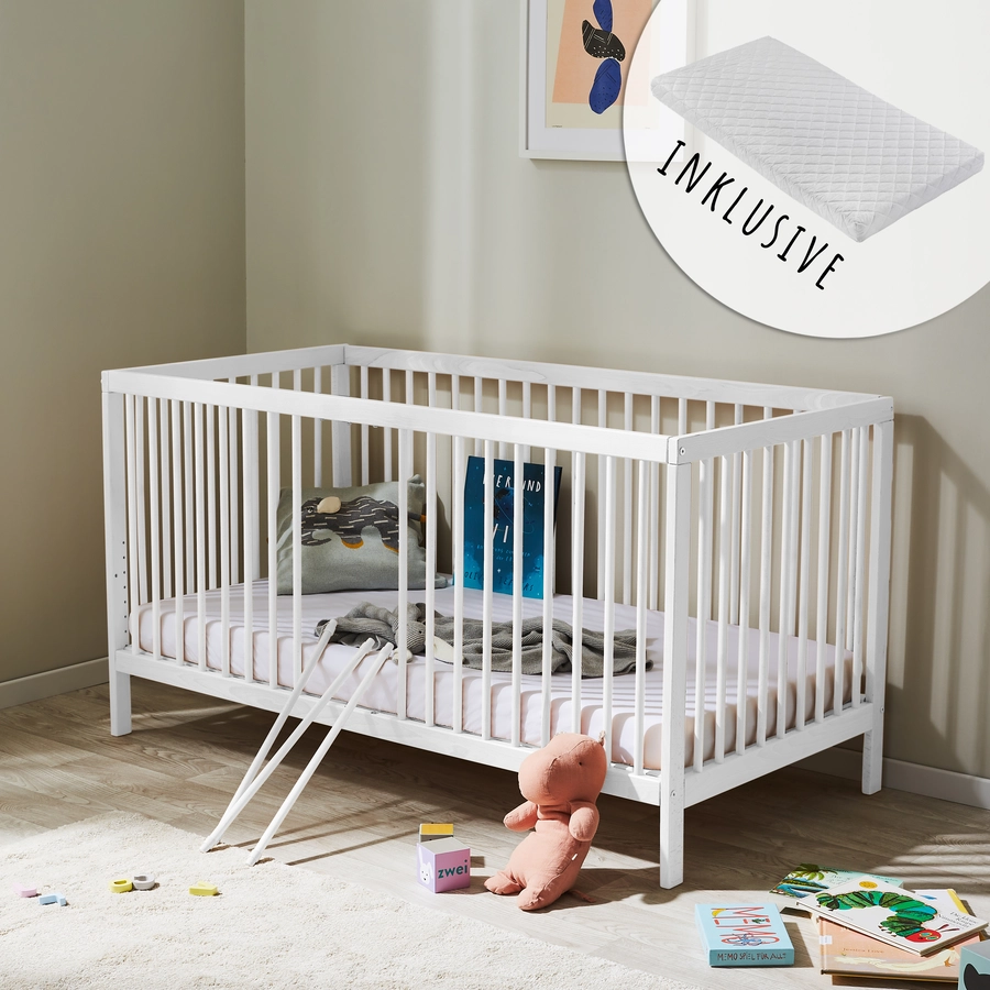Kids Collective Babybett Gitterbett 60x120 | 70x140 höhenverstellbar & herausnehmbare Sprossen weiß mit Matratze
