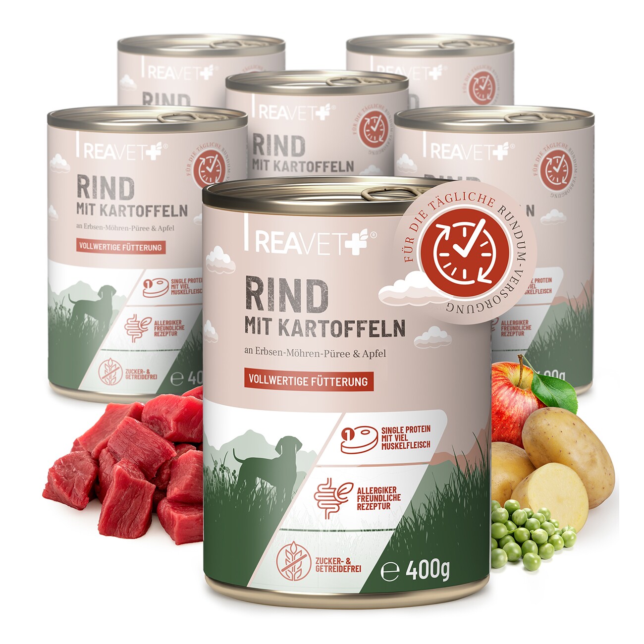 REAVET Hundenassfutter - Rind mit Kartoffeln an Erbsen-Möhren-Püree & Apfel 6x400 g