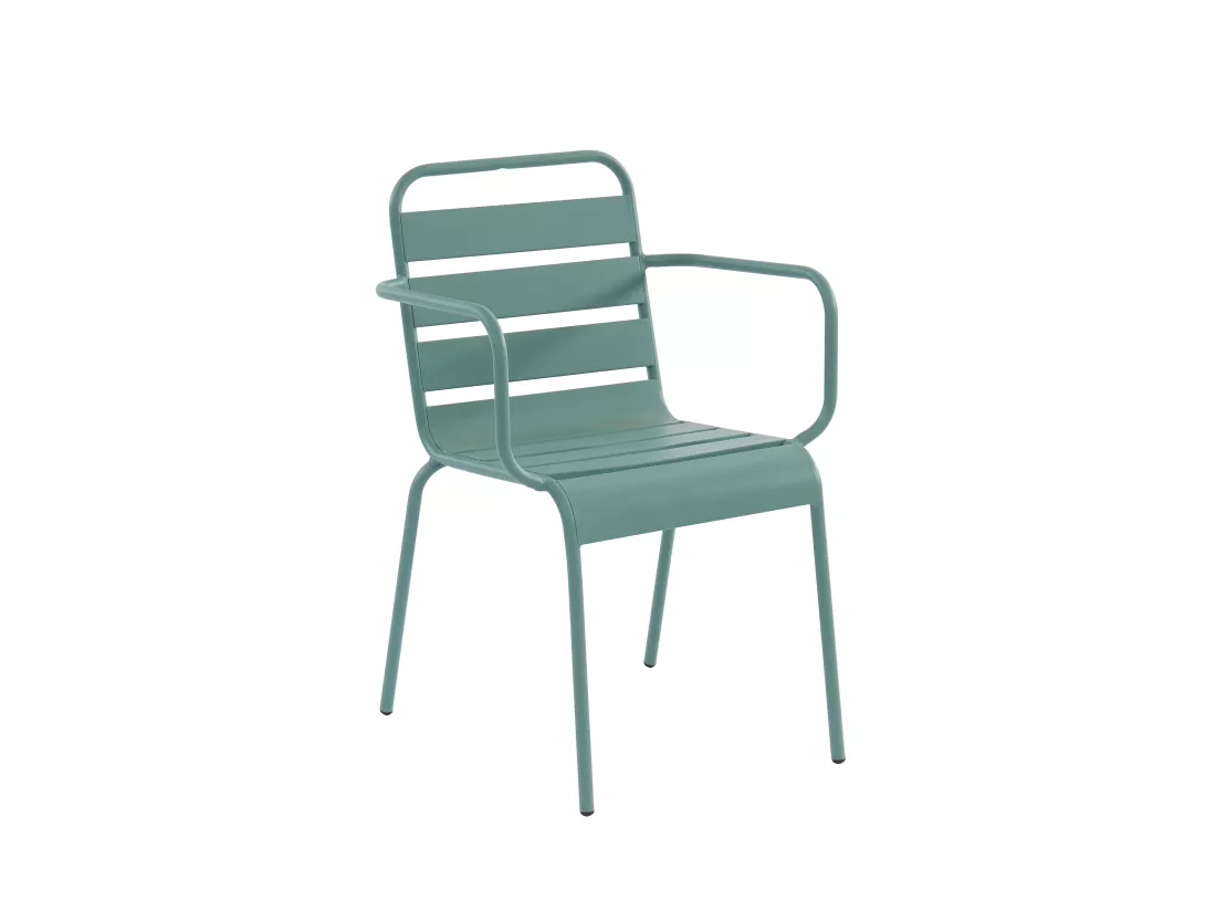 Salle à manger de jardin en métal - une table ronde D.130cm et 6 fauteuils empilables - Vert amande - MIRMANDE de MYLIA