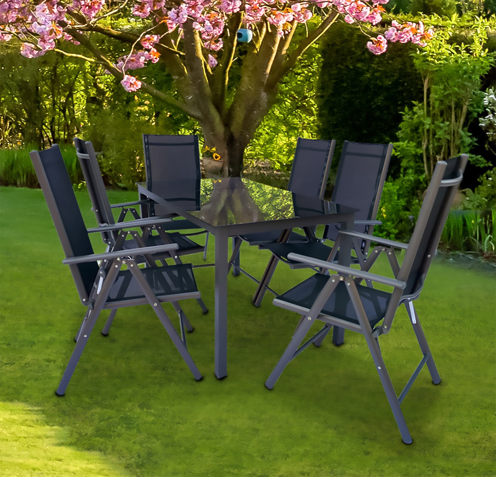 VCM 7 tlg. Set Gartenmöbel Alu Glas Gartenset Sitzgruppe Essgruppe Tisch Stühle 140 SW