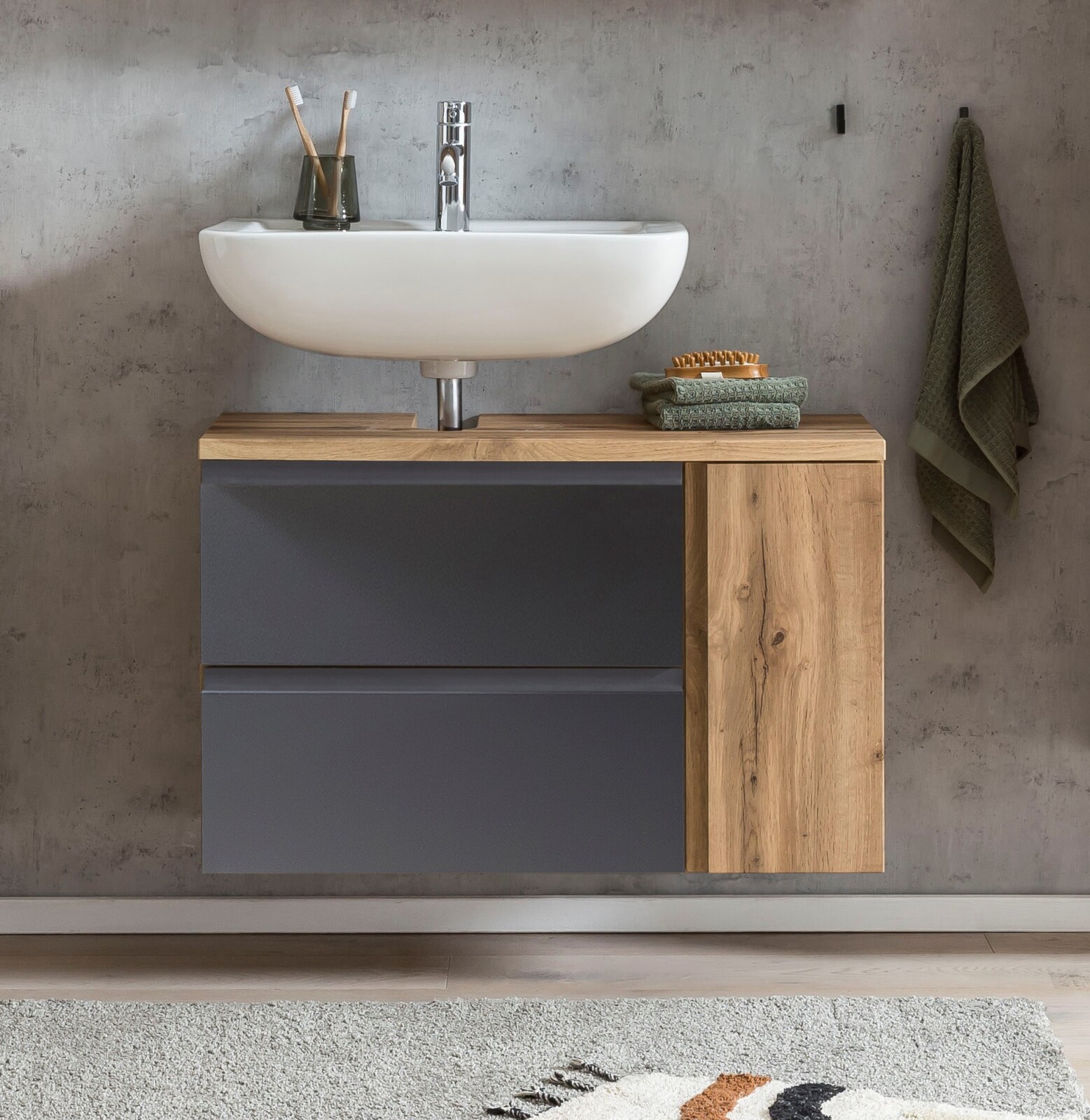 Unterbeckenschrank - Wotaneiche - grau matt - Tür rechts - 85 cm