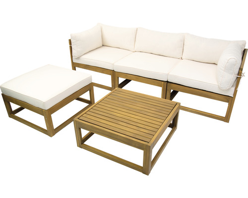 Loungeset voor 4 personen bestaande uit: fauteuil, kruk, houten tafel inclusief kussens