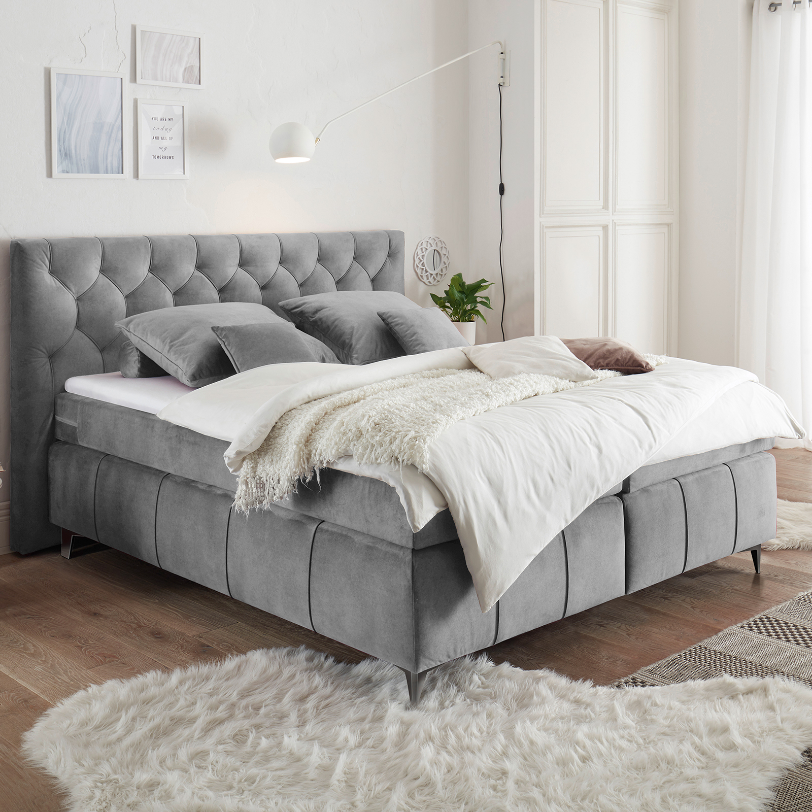 Boxspringbett - grau - Tonnentaschenfederkern - H2 - 160x200 cm