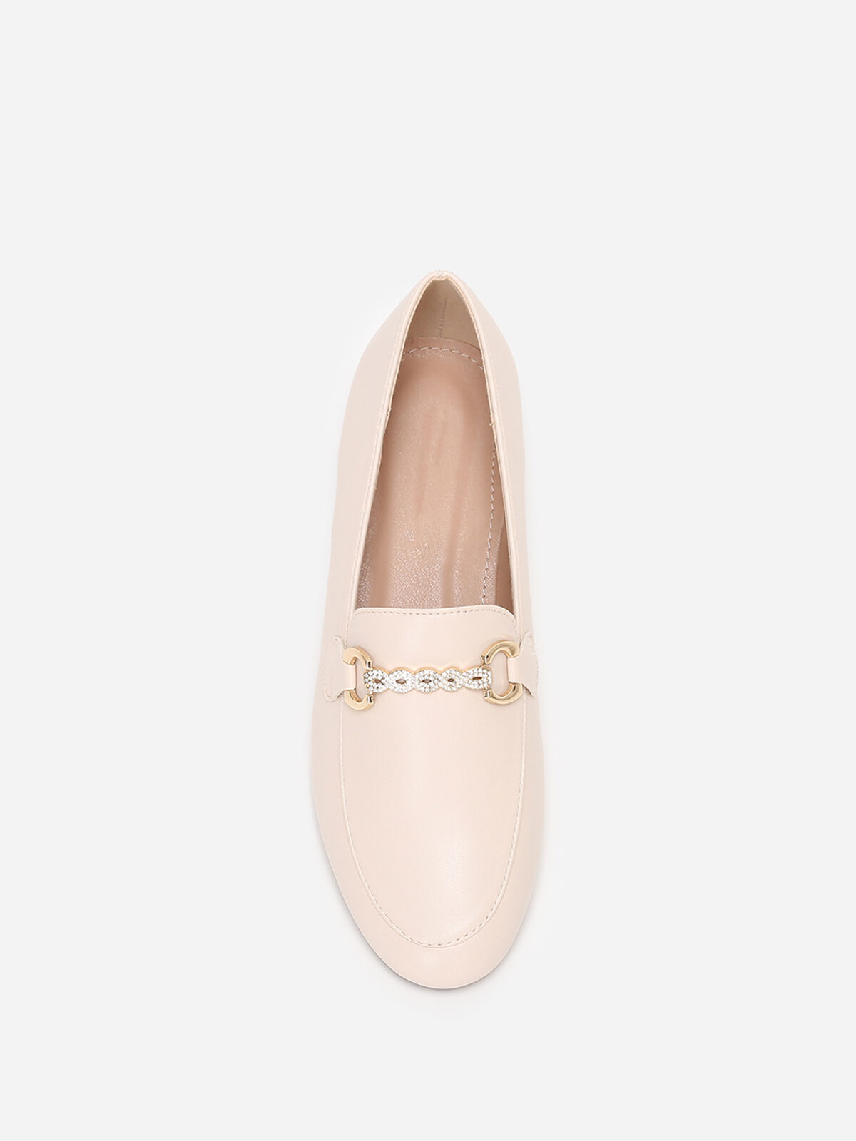 Mocassins à bride chaîne et strass- Beige