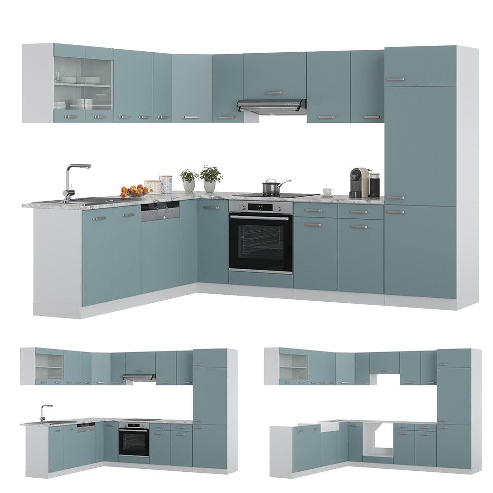 Vicco Eckküche R-Line Solid Weiß Blau Grau 287x227 cm modern Küchenschränke Küchenmöbel