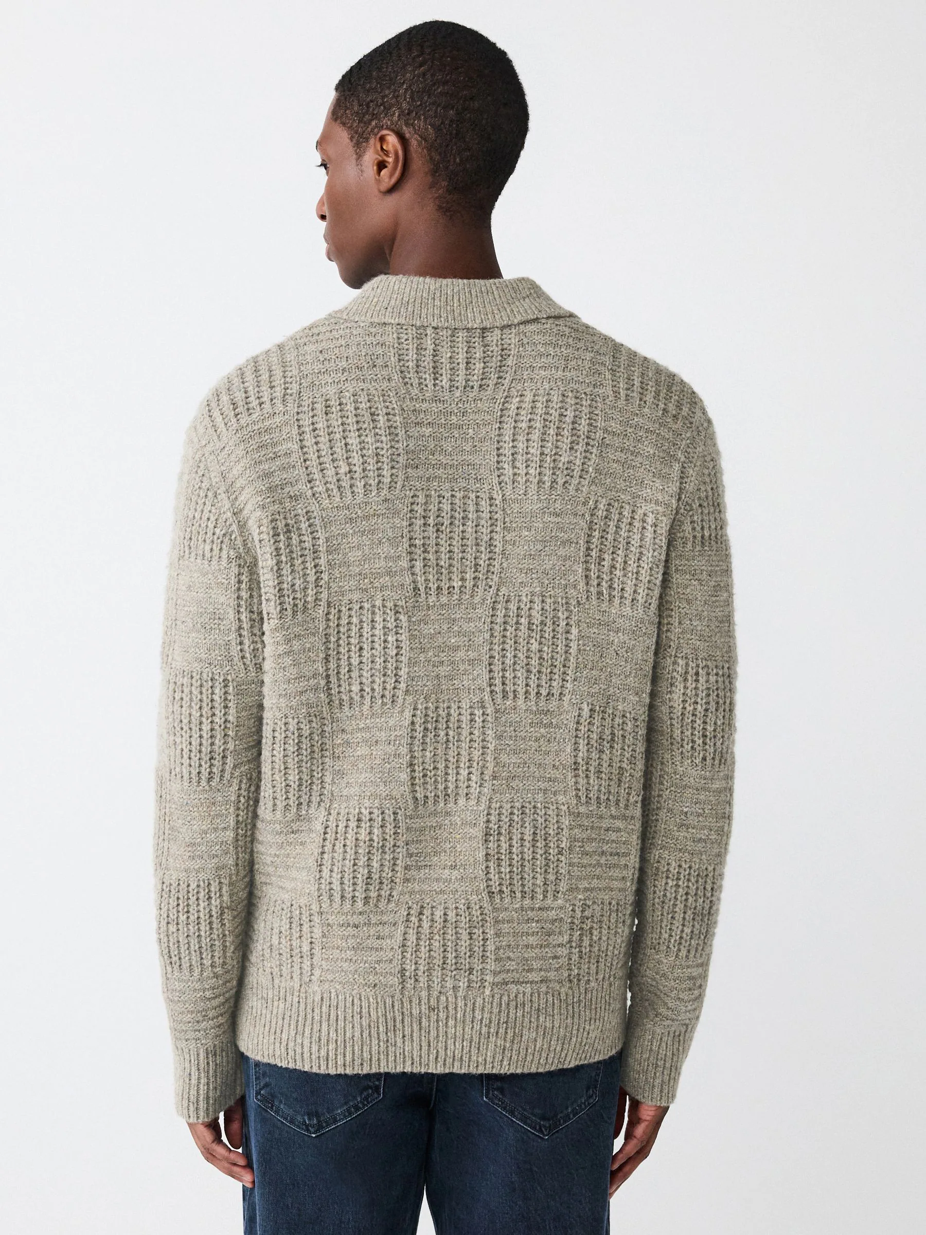 Neutraal - Relaxed Fit Checkerboard Textured Knit Zip Through Collared Cardigan with Wool