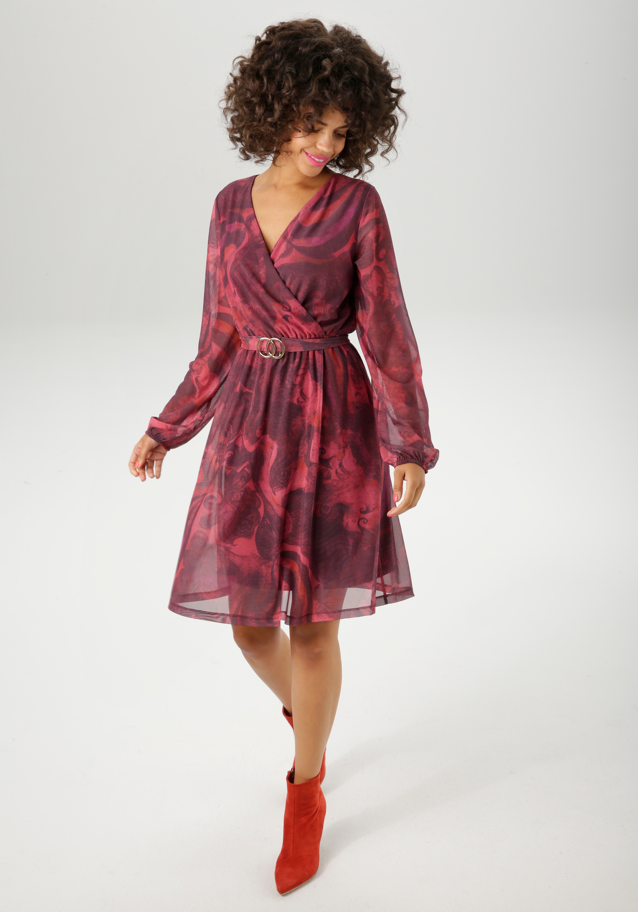 Aniston CASUAL Blusenkleid mit dekorativer Brosche am fixiertem Bindegürtel - NEUE KOLLEKTION