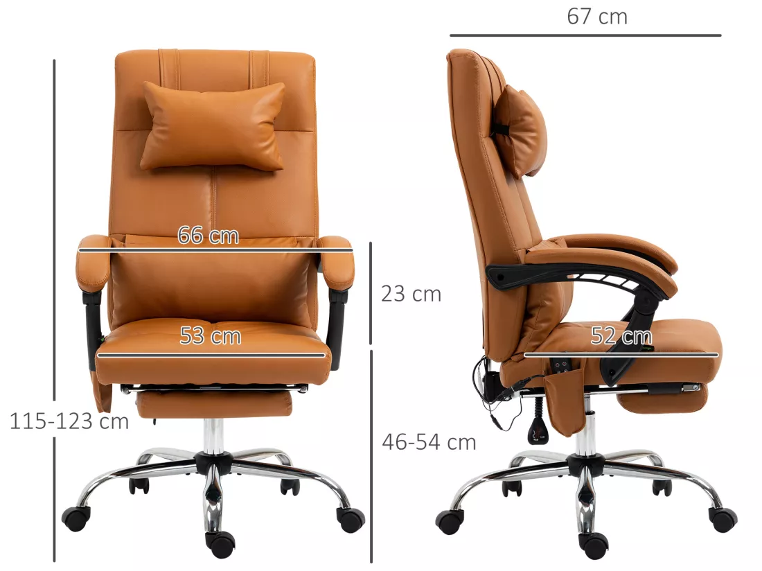 Fauteuil de bureau direction massant hauteur réglable dossier inclinable repose-pied intégré revêtement synthétique camel