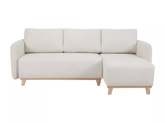 Canapé d'angle convertible et réversible 3-4 places en tissu effet velours beige et bois clair ROMANE