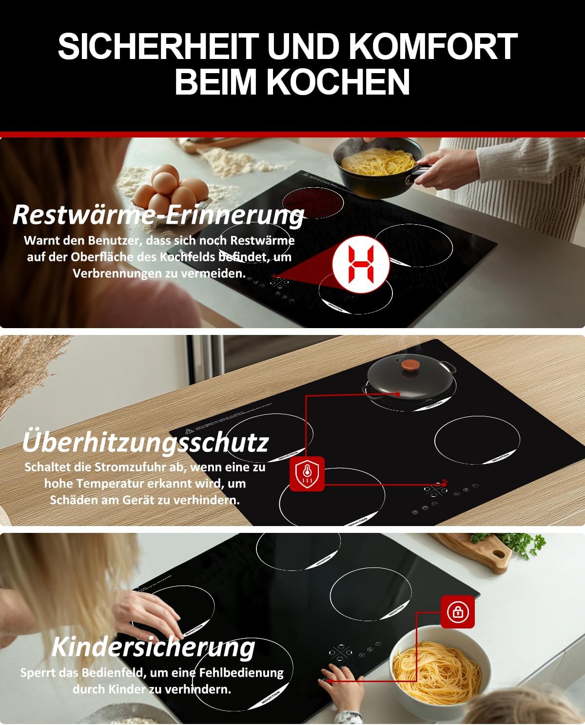Induktionskochfeld 60cm, Induktions Herdplatte mit 4 FlexInduction Zonen, Induktions Kochplatten, Induktionsfeld & Kochfeld mit Induktion, Timer Funktion & PowerBoost