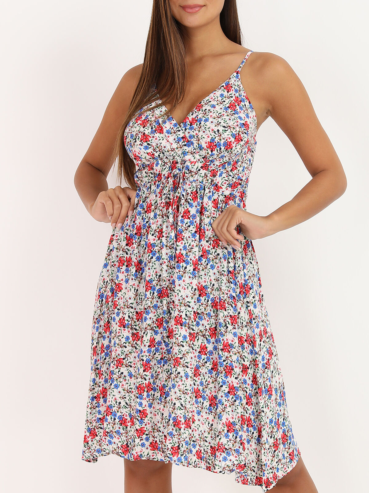 Robe col cache-coeur à fleurs colorées- Blanc