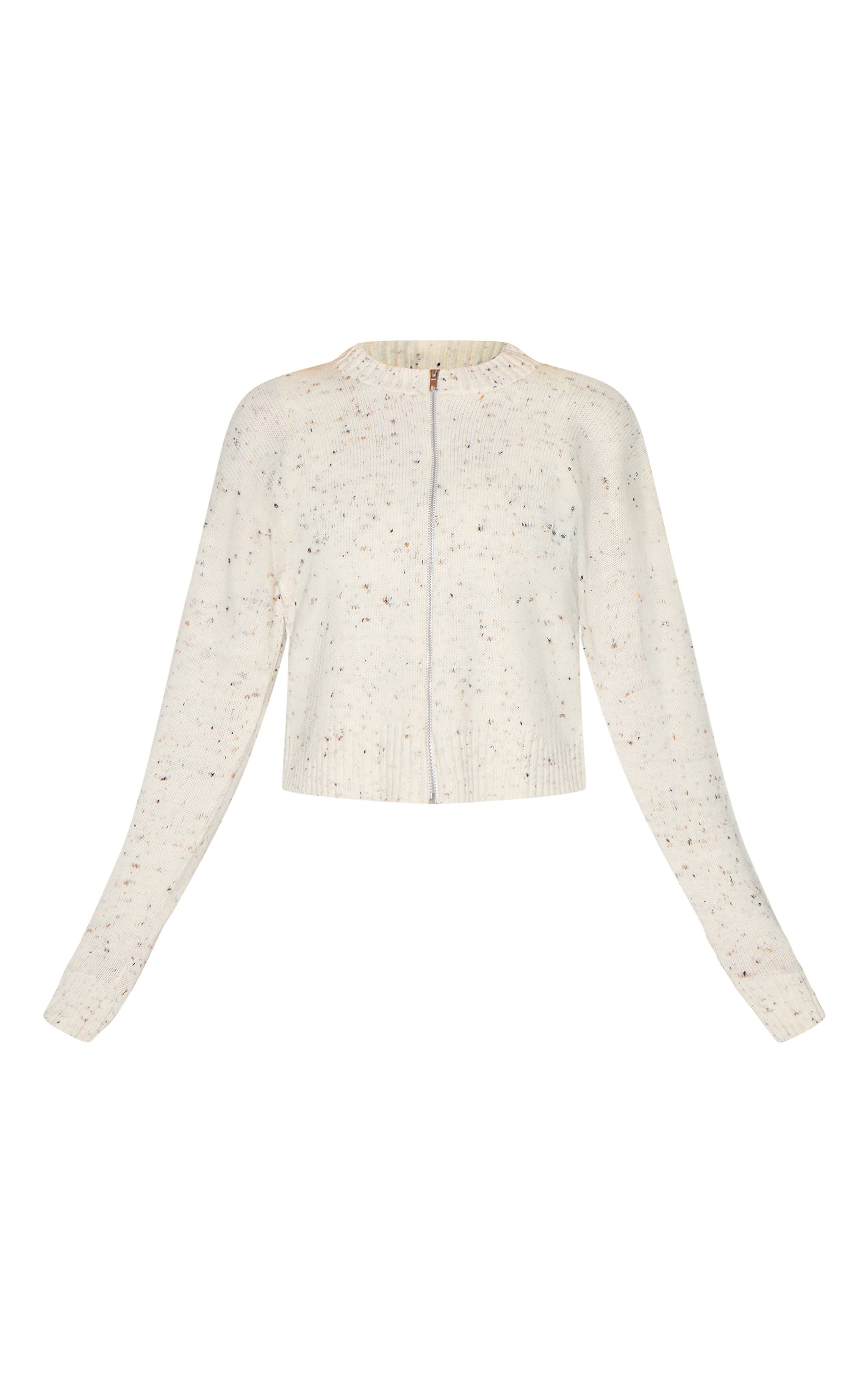 Crème Cardigan Zippé En Maille Chinée