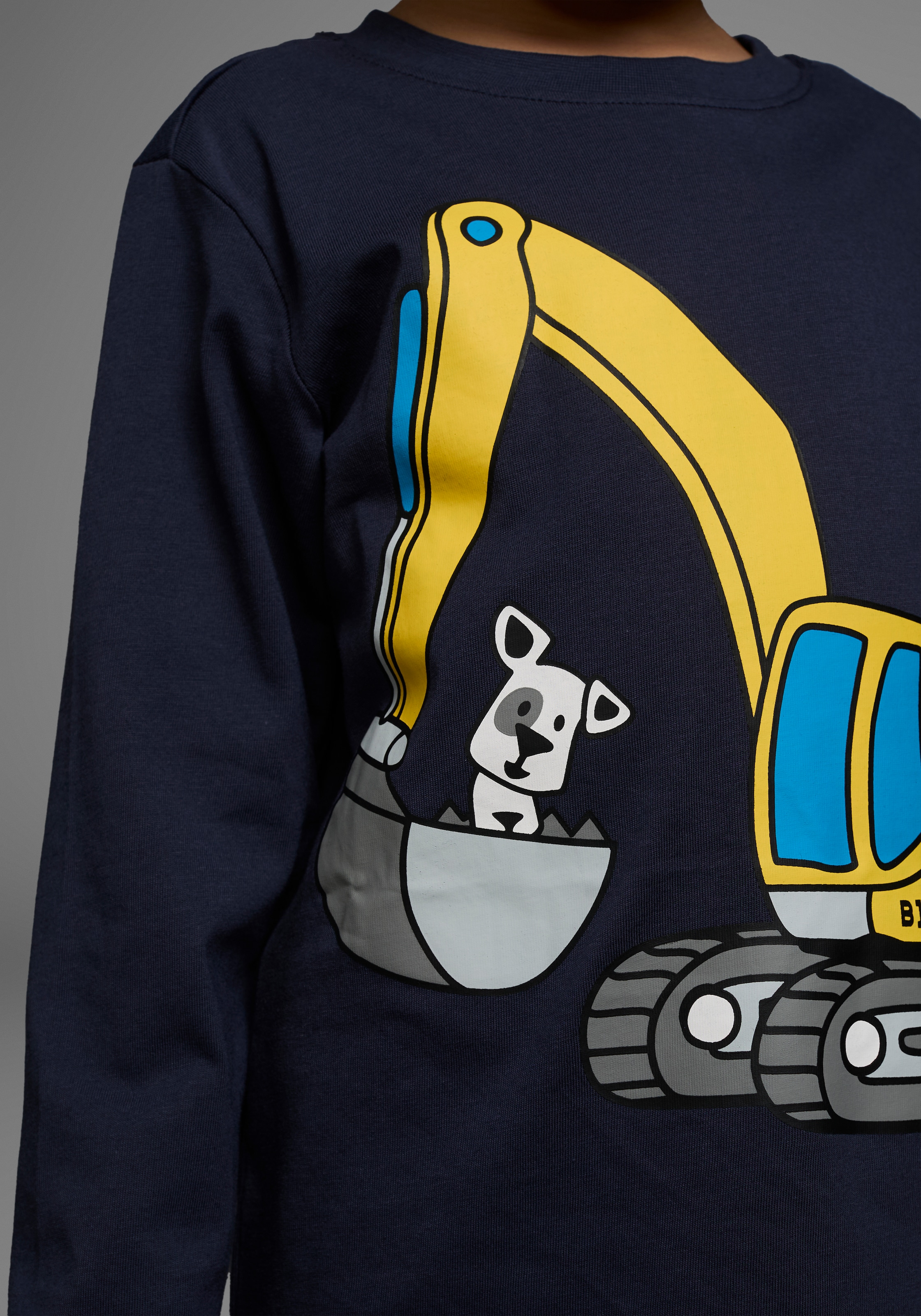 KIDSWORLD Langarmshirt »HUND MIT BAGGER«, Langarm,  Basic-Passform,  mit stylischem Druck,  Rundhalsausschnitt