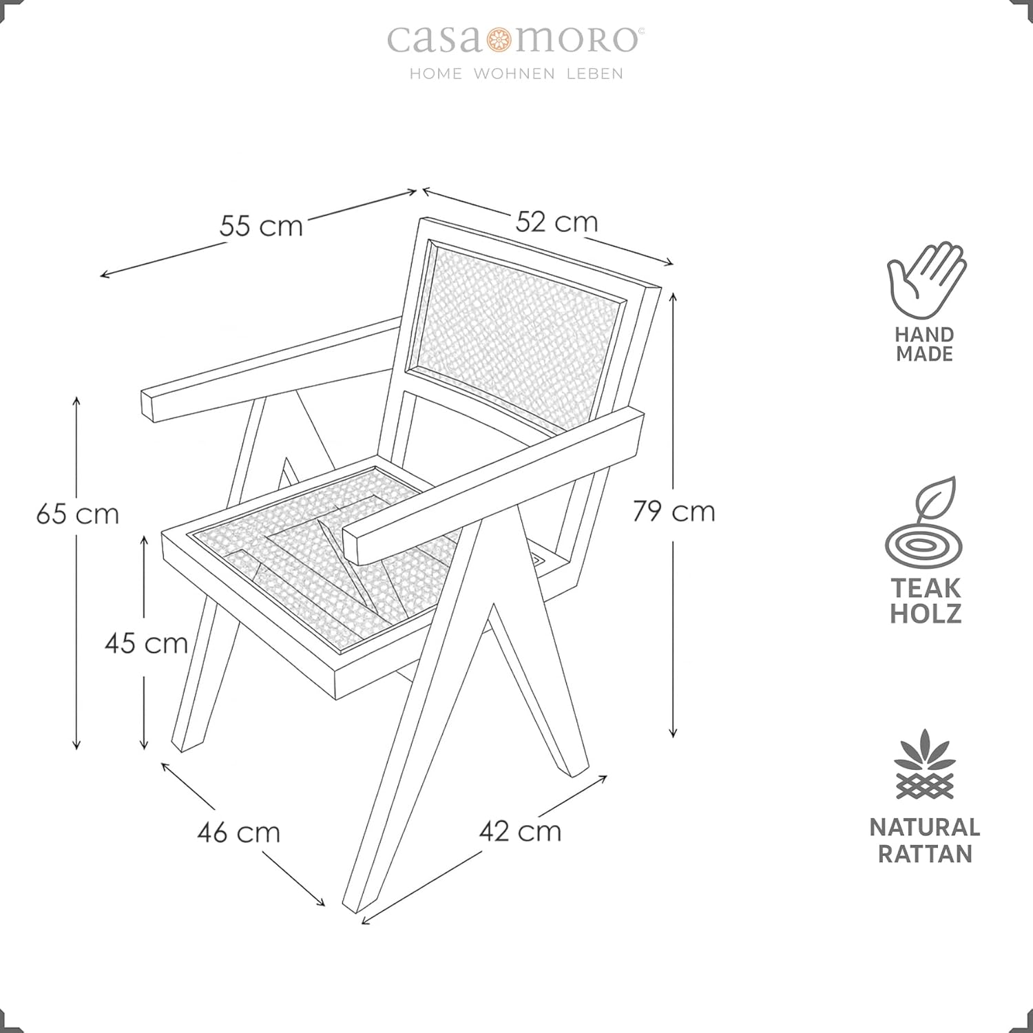 Casa Moro Esszimmerstuhl mit Armlehne, Stuhl Teakholz Rattan Braun Beige