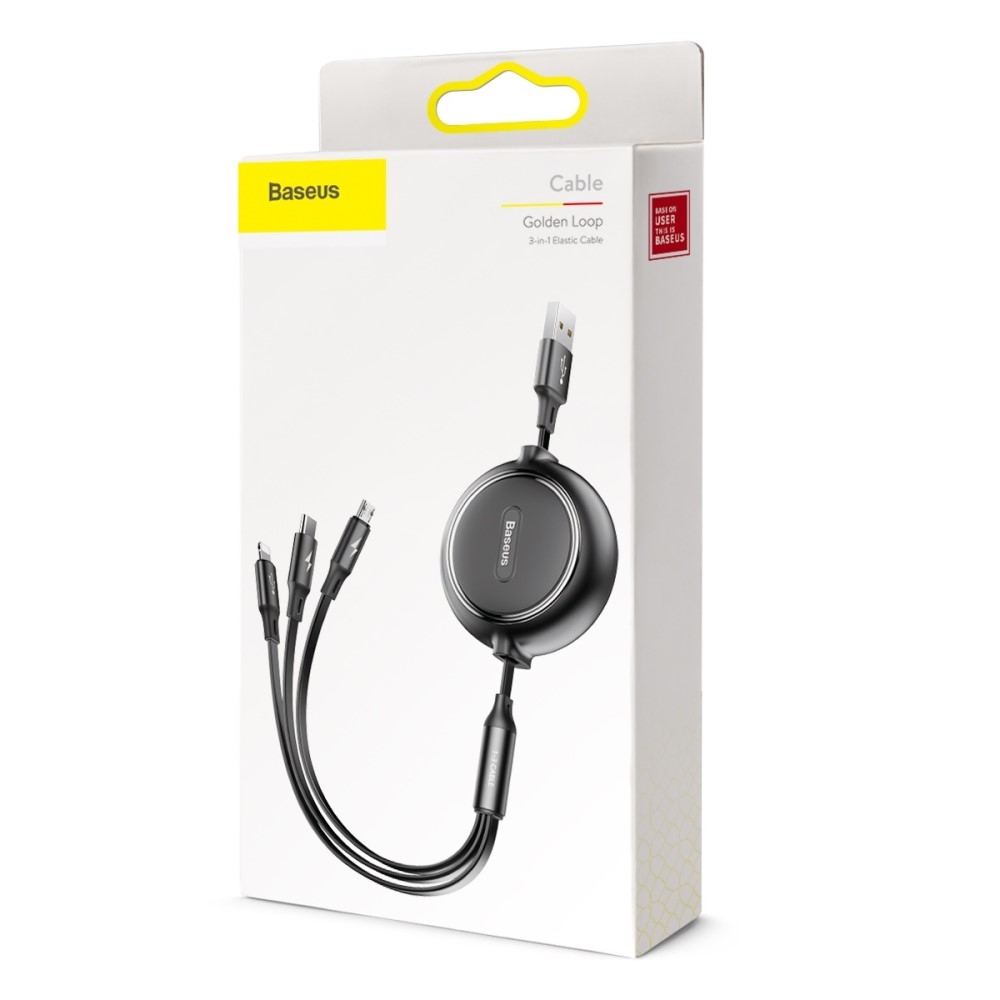 (1.2m) 3.5A 3in1 USB A auf USB C / Lightning / Micro USB Ladekabel Ausziehbares Datenkabel Golden Loop - Schwarz