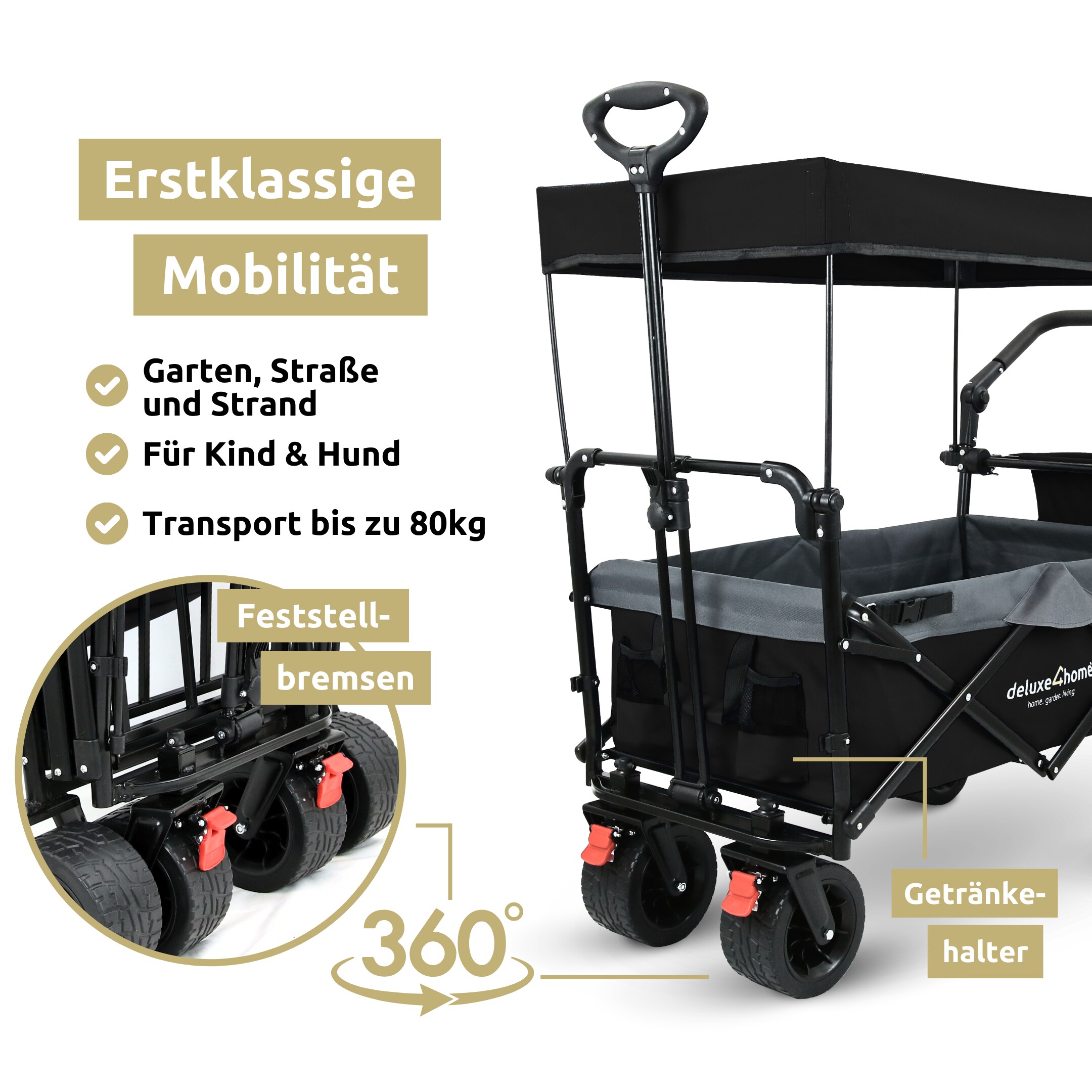 deluxe4home® Bollerwagen faltbar mit Breiten Reifen und Dach | Schwarz/Grau