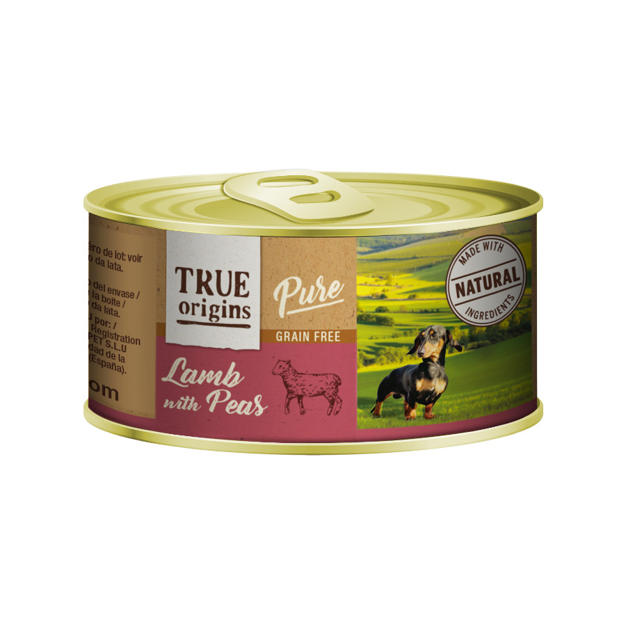 Lata de 185g de carneiro puro com ervilhas True Origins para cães.