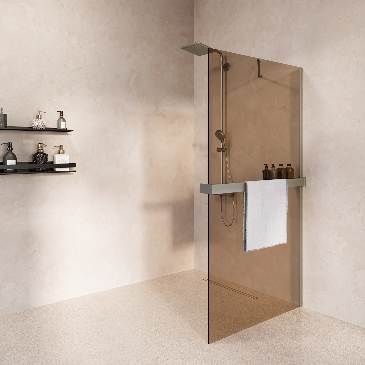 Saniclear Oblique inloopdouche 100cm met handdoekhouder en bronsglas RVS