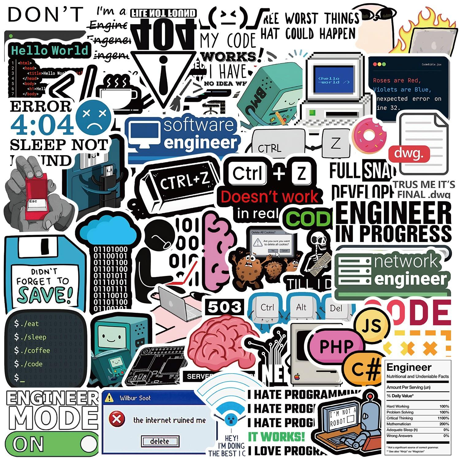 (50er Set) Meme Sticker Wasserfeste Aufkleber für Flaschen / Koffer / Laptop / Skateboard - Programmierer / IT