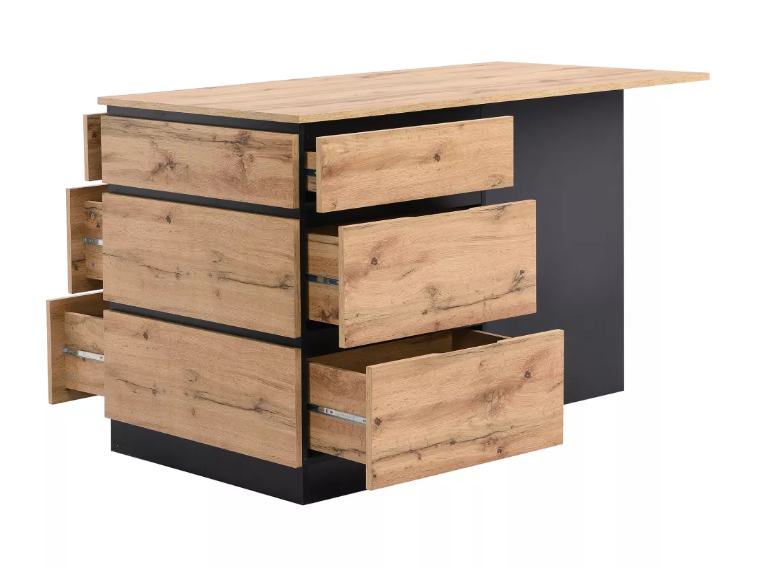 Ilot central de cuisine avec 6 tiroirs et 4 niches en MDF - Naturel clair et Noir - POMARELA