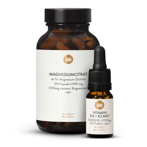 Sunday Natural Products  Magnesium Citrat Kapseln plus VITAMIN D3 + K2 MK75.000IE + 200µgVegan