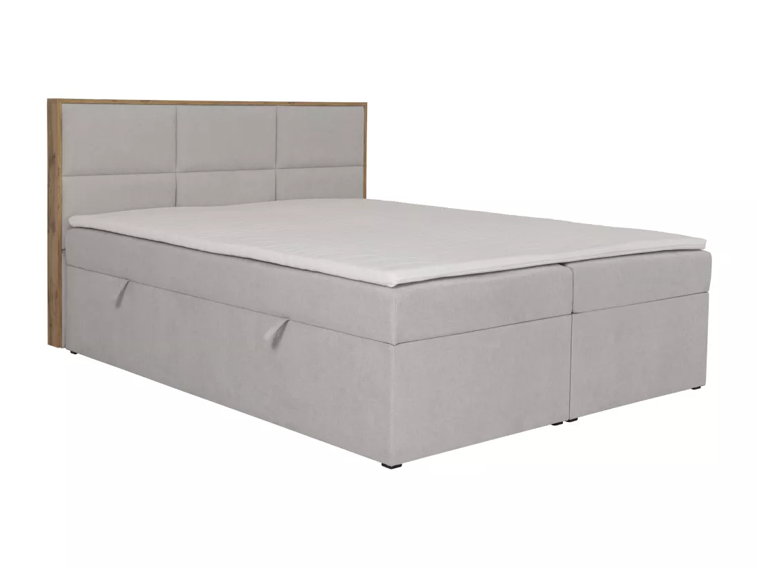 Ensemble complet literie déco tête de lit encadré bois + sommiers coffre + matelas + surmatelas - 180 x 200 cm - Tissu - Gris clair - SIAKI de YSMÉE