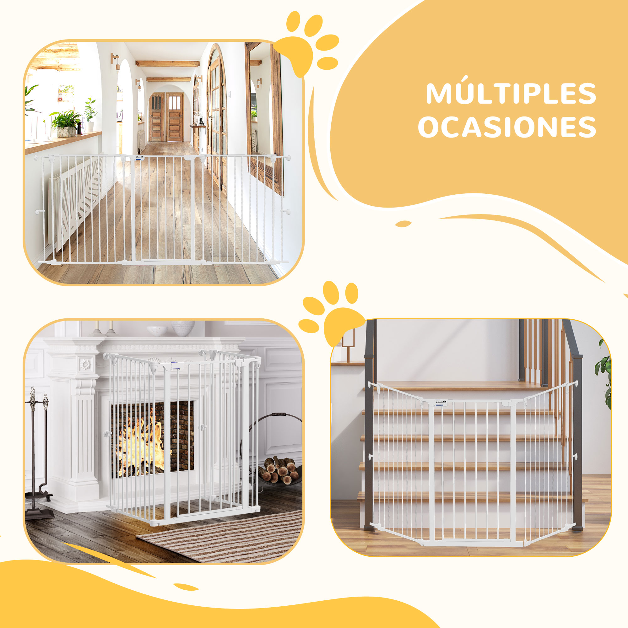 Portão de aço para cães PawHut, cerca dobrável de 3 painéis com trava dupla e função de travamento auxiliar para portas, corredores e escadas, 206 x 90 cm, branco