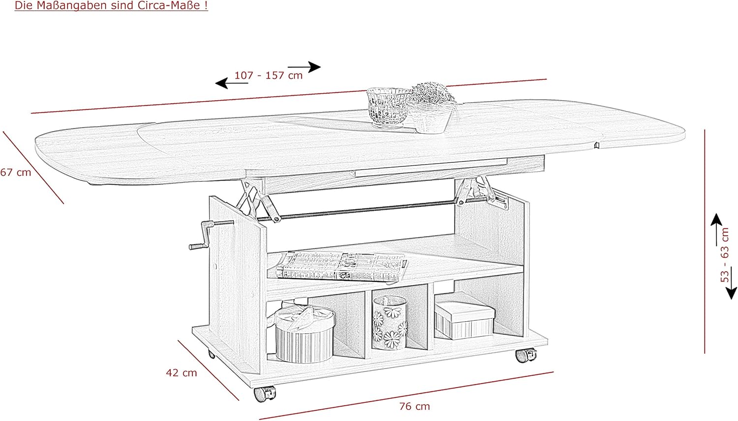 Hela Tische, Funktionscouchtisch Babsi, Holzwerkstoff melaminbeschichtet, Sonoma Eiche, höhenverstellbar 53-63cm, ausziehbar 107-157cm, auf Rollen