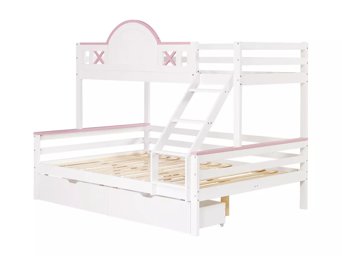 Lit superposé 90x200cm,140x200cm, Lit d'enfant, avec barrière de sécurité de couleur contrastée, Deux tiroirs,Blanc+Rose,Sans matelas