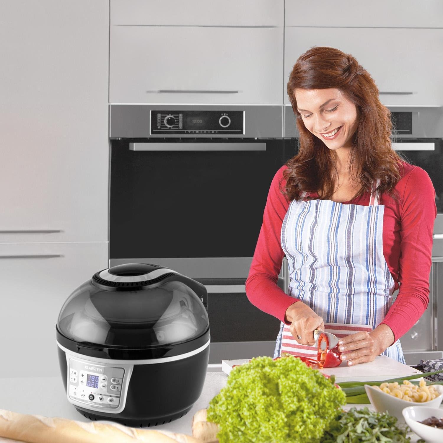 Klarstein VitAir Turbo Heißluftfritteuse - 1400 Watt Heissluftfriteuse, Airfryer mit 9 Liter Garraum, 50 bis 230°C, Timer, Halogen-Infrarot-Heizelement, Kuppel-Design, schwarz-grau