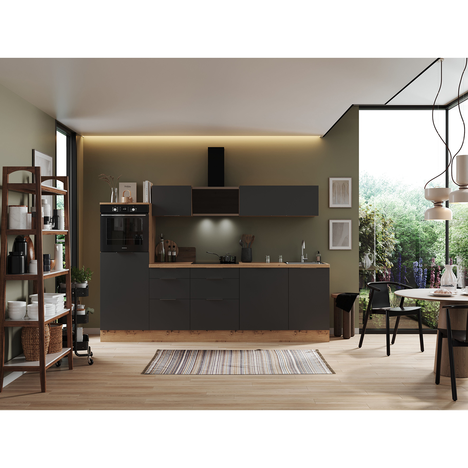 RESPEKTA Küchenblock - grau matt - Artisan Eiche - mit E-Geräten - 280 cm
