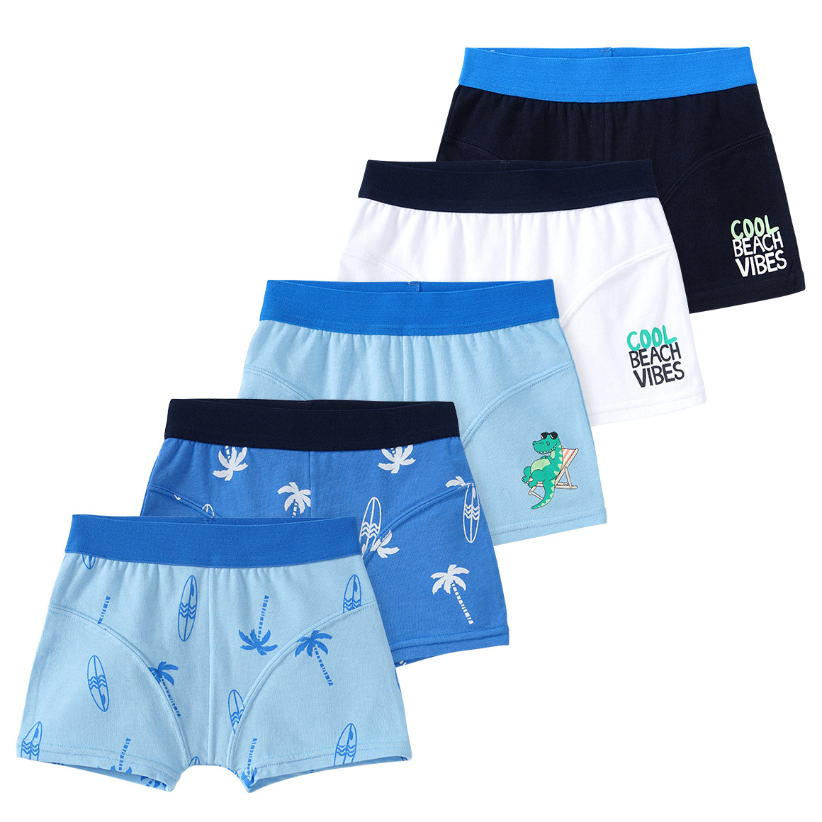 Famy 5 Jungen Boxer in verschiedenen Dessins hellblau / dunkelblau / weiss