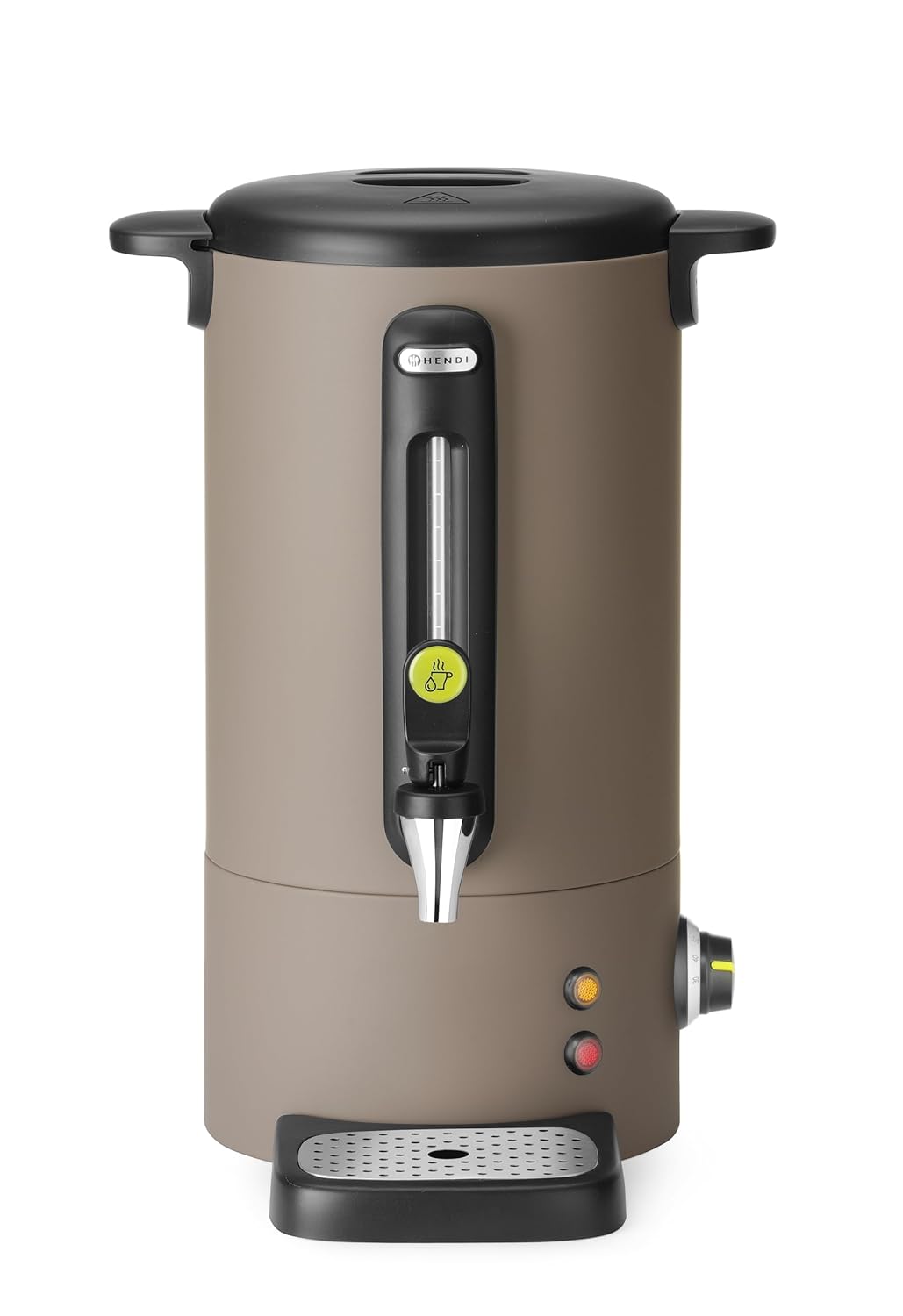 HENDI Heißgetränkespender, UNIQ, für Glühwein und Wasser, tropffreier Zapfhahn, Wasserstandsanzeige, Glühweinkocher, Heißgetränkeautomat, 9L, 230V/950W, 307x330x(H)450mm, Edelstahl, PP, Taupe
