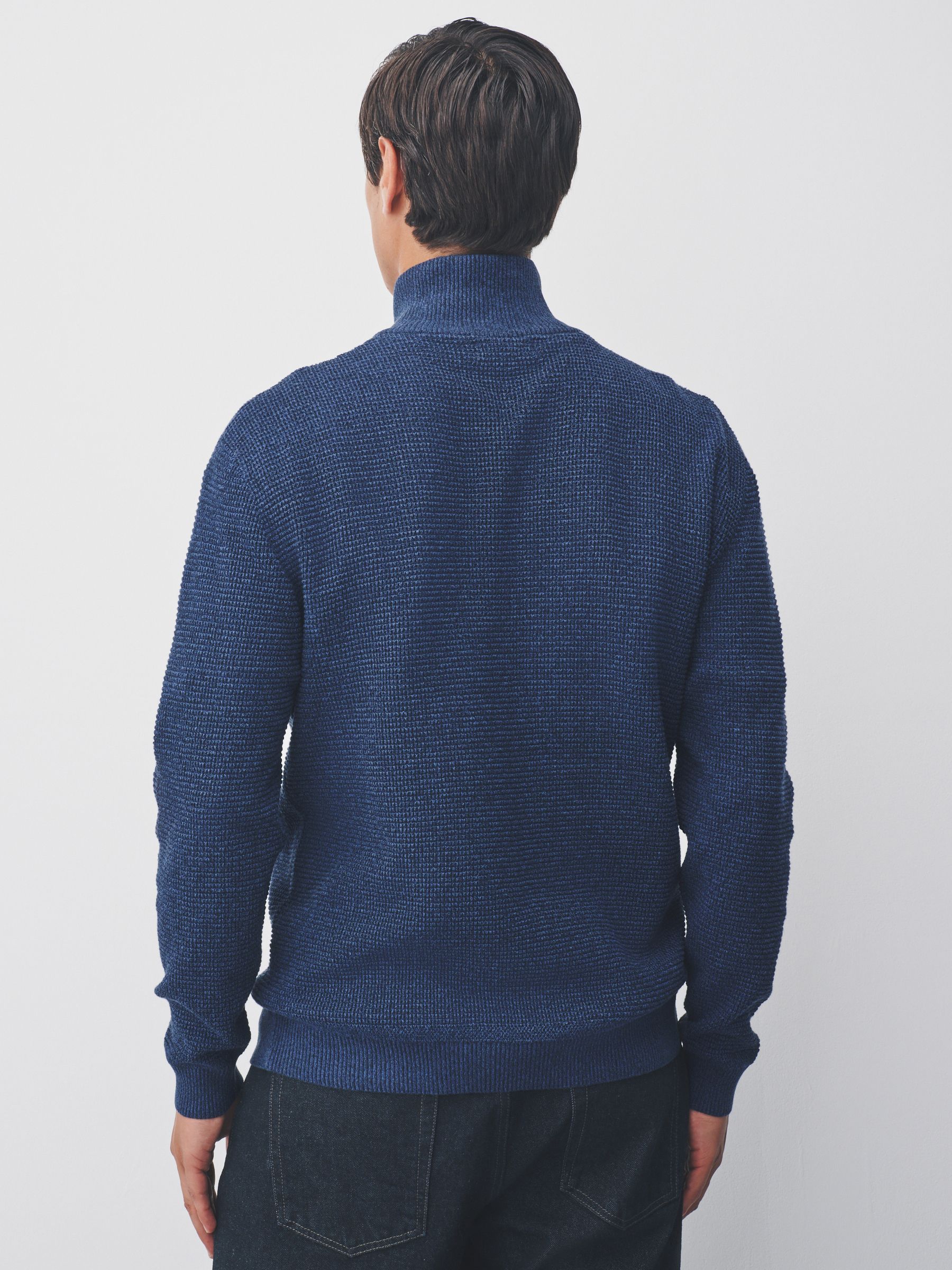 Blauw - Effen - Regular Fit 100% Cotton Textured Premium Quarter Zip Jumper