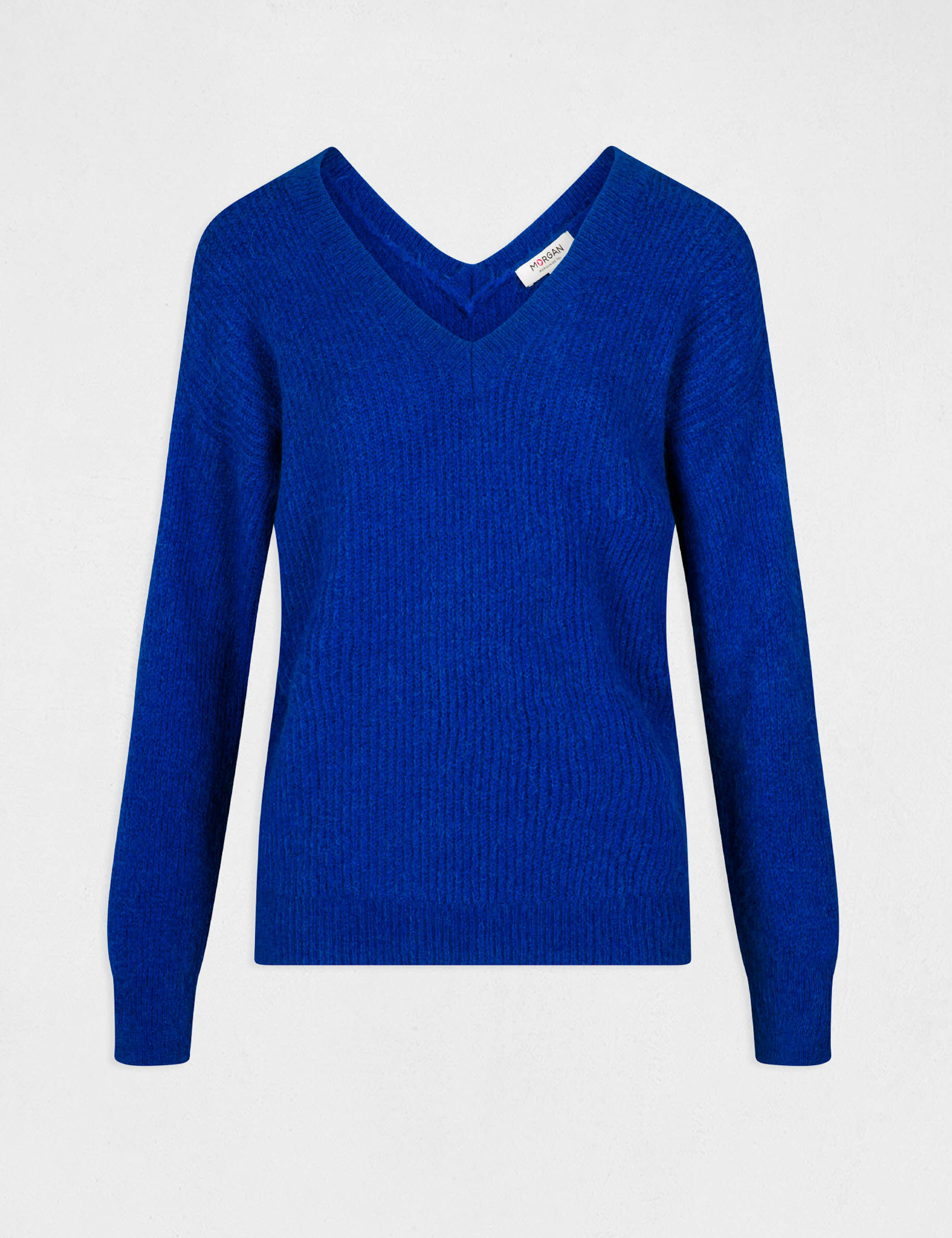 Pull manches longues à col en V bleu electrique femme - bleu_electrique
