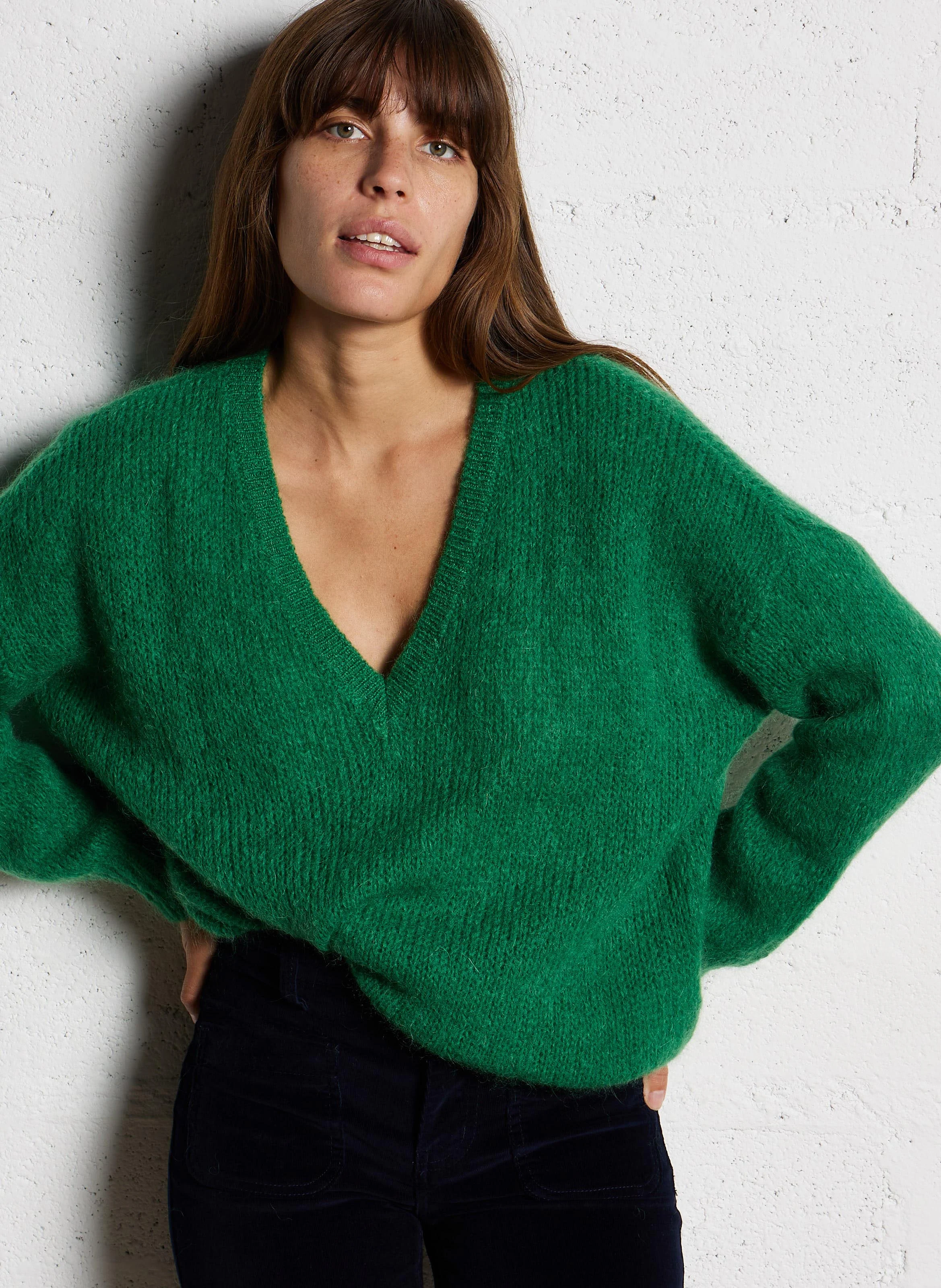 MELANIE - Pull oversize col V en laine mélangée | Vert