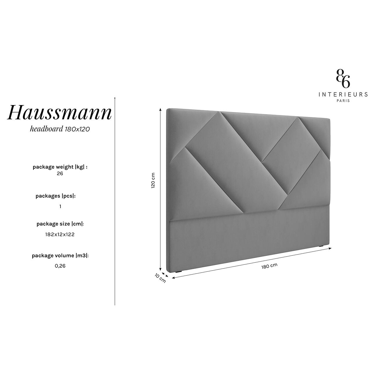 Intérieurs 86 Tête de Lit en Velours Haussmann grise - 180 cm