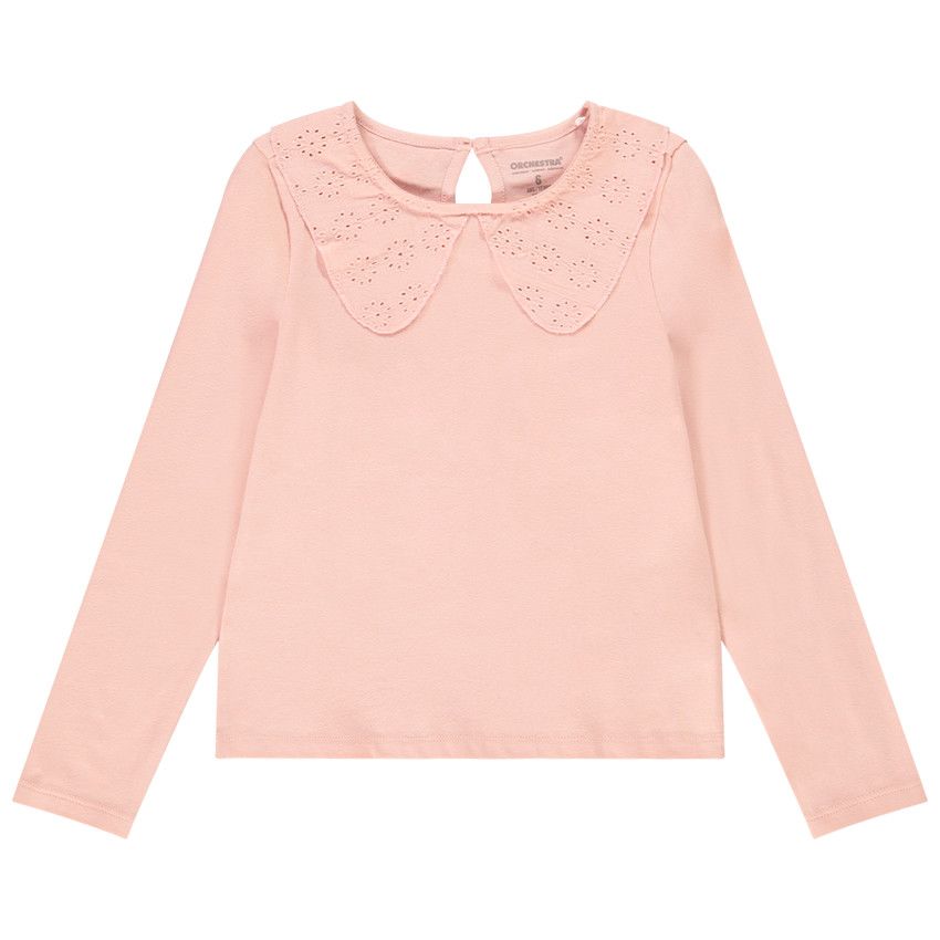 T-shirt manches longues avec col claudine en broderie anglaise pour fille - Rose