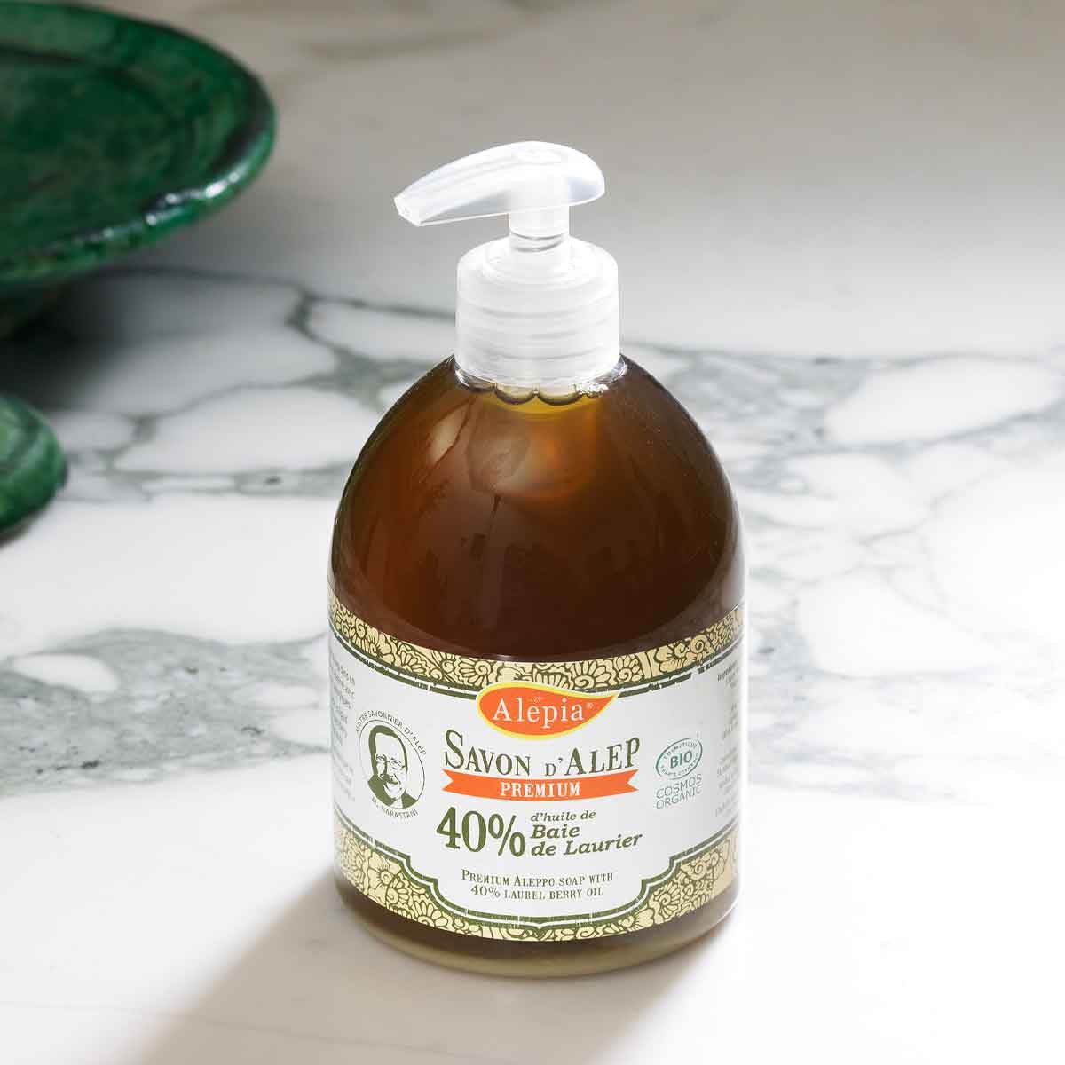 Savon d'Alep liquide premium bio - 40% d'huile de baie de laurier - Corps - 500 ml