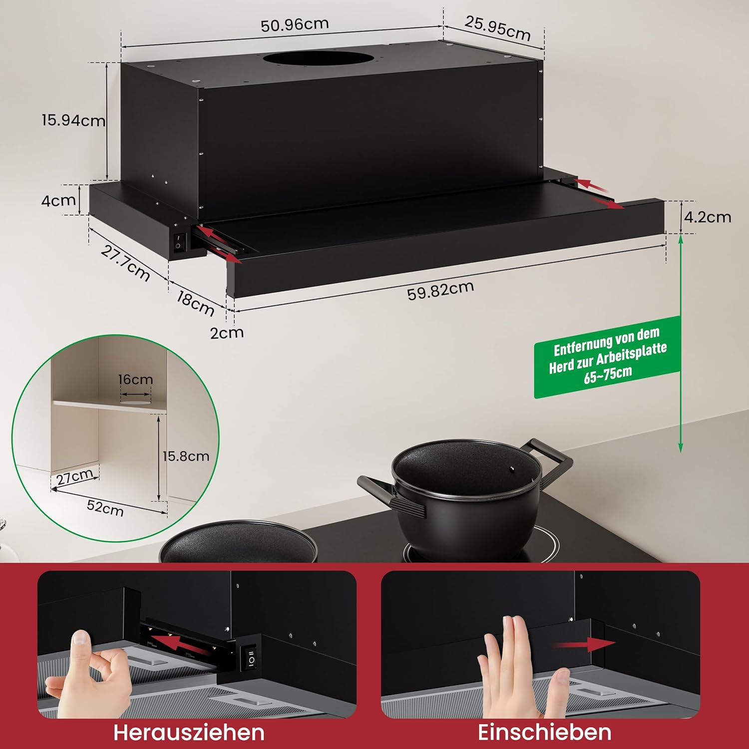 LEVIVO A+++ Flachschirmhaube 60cm Umluft & Abluft mit 400 m³/h, Einbau Dunstabzugshaube mit 2 Aktivkohlefiltern, 2 Fettfiltern, 2 Stufen, LED-Licht, Dunstabzugshaube 60cm Unterbau, Schwarz