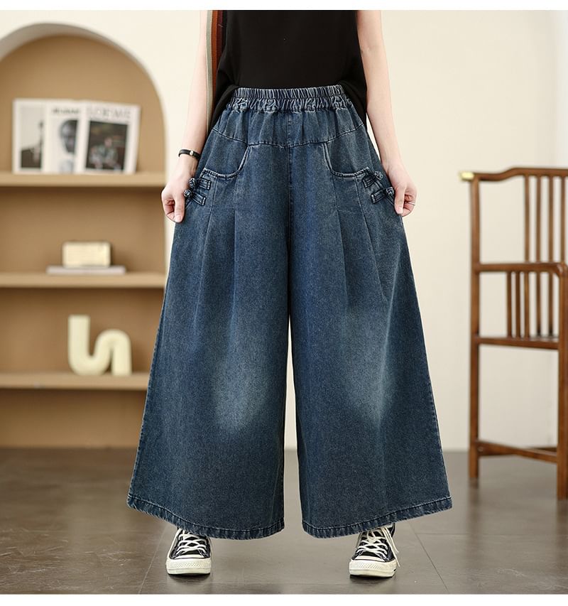 Lewwe - Elastische taille kikkerknoop gewassen denim culottes