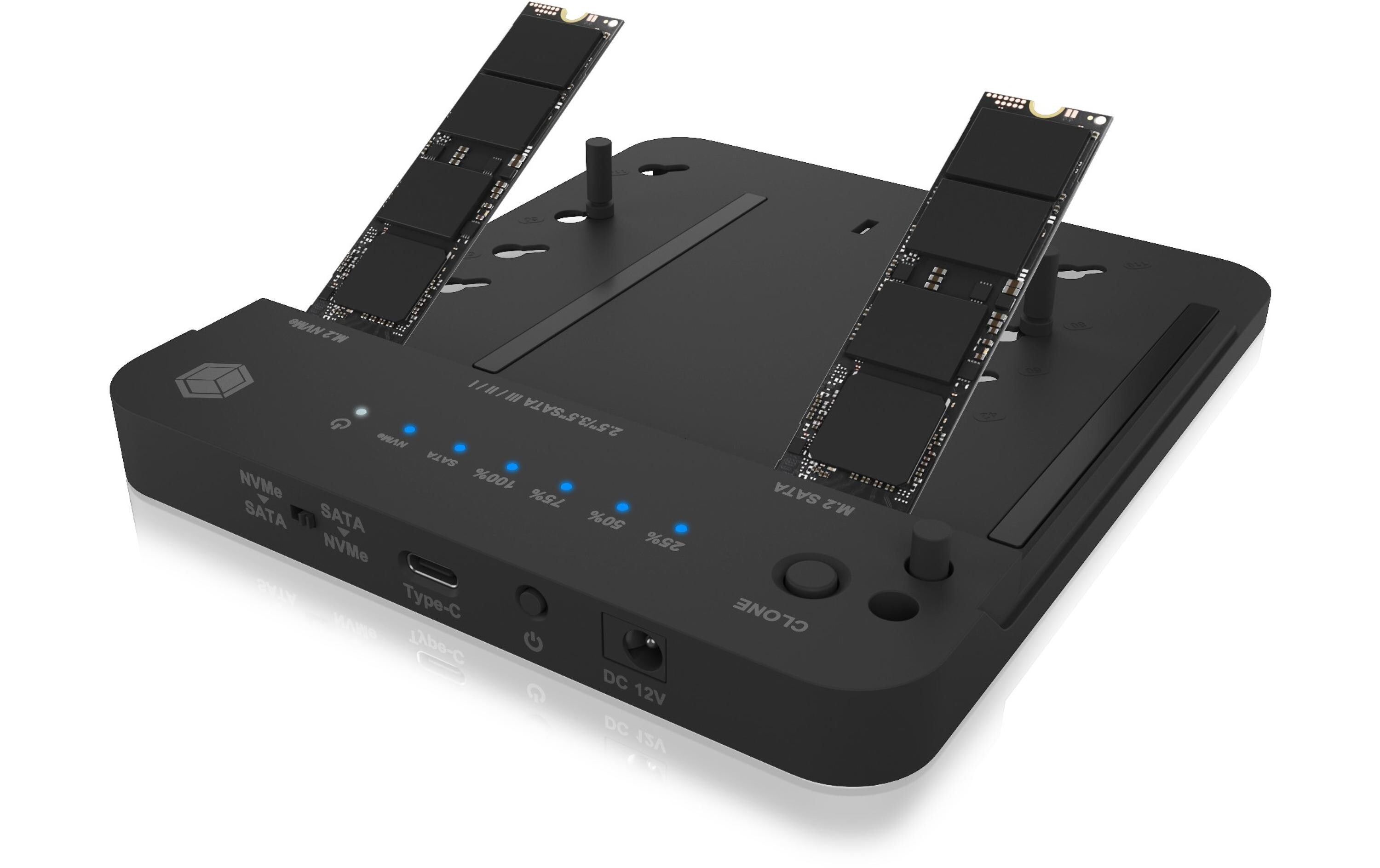 Docking- und Klonstation IB-2915MSCL-C31Klon- und Dockingstation für M.2 NVME und SATA 2.5''/3.5'' SSD/HDD