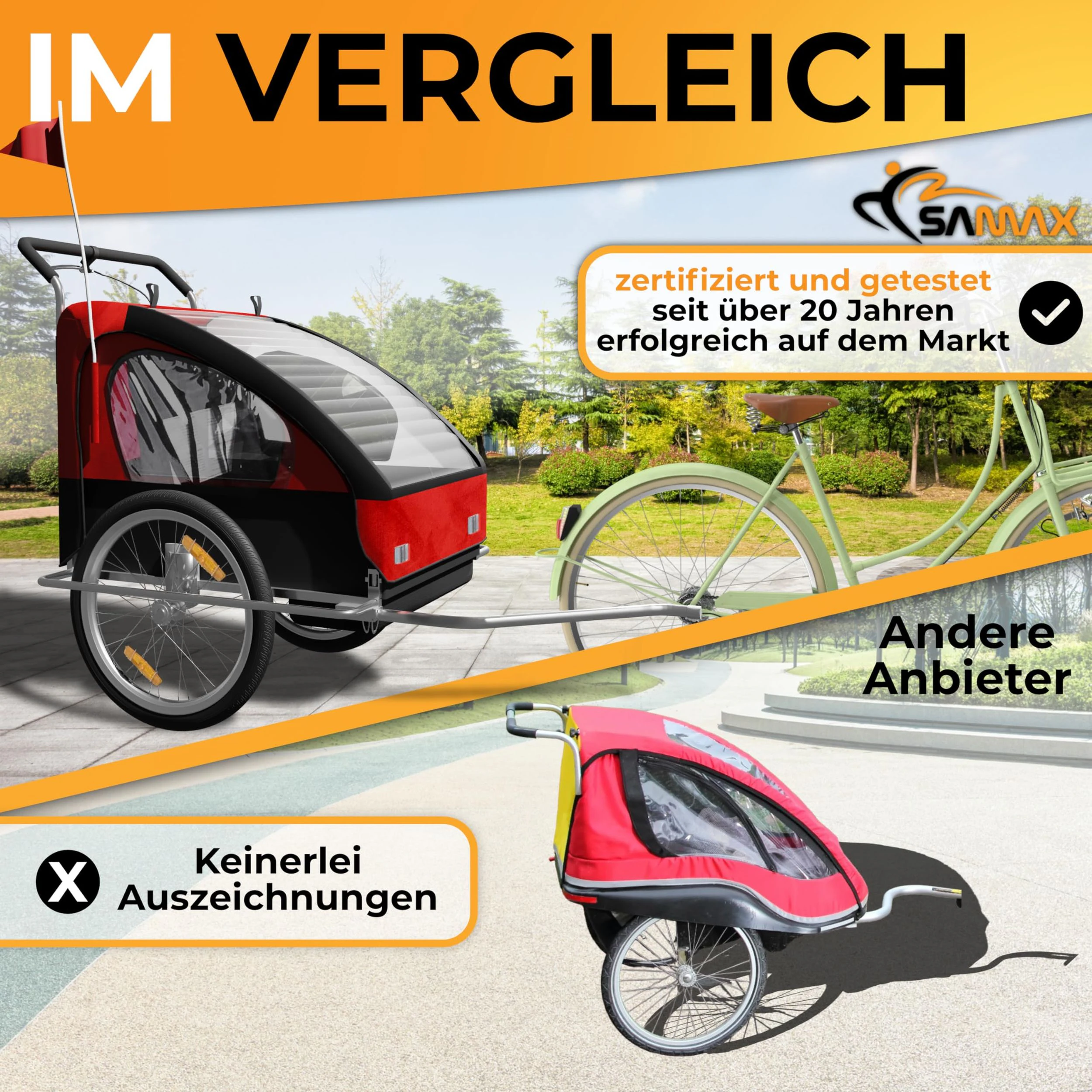 SAMAX Fahrradanhänger 2in1 Jogger - in Rot/Schwarz - Silver Frame