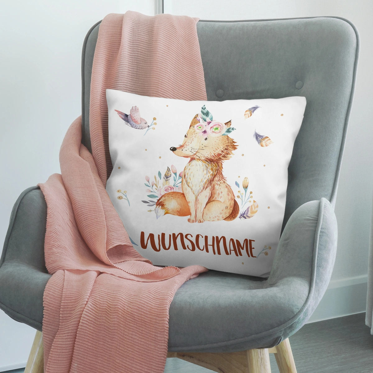 Personalisiertes Kissen, weiß (Motiv: Fuchs)