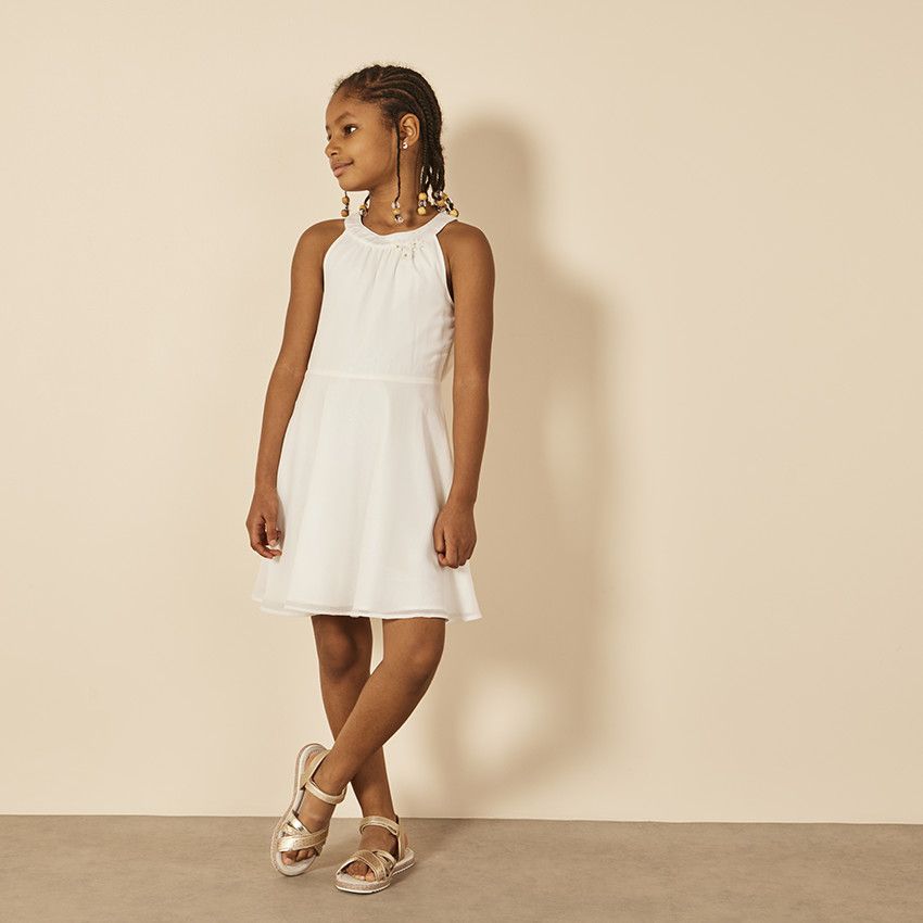 Robe de cérémonie sans manches bi-matière à fleurs pour fille - Ecru
