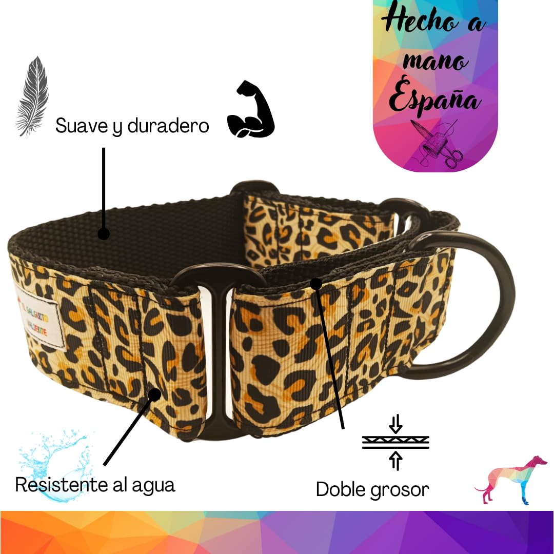 EGV - Coleira Martingale de 4 cm de largura, coleira para galgo feita à mão na Espanha (estampa de leopardo)