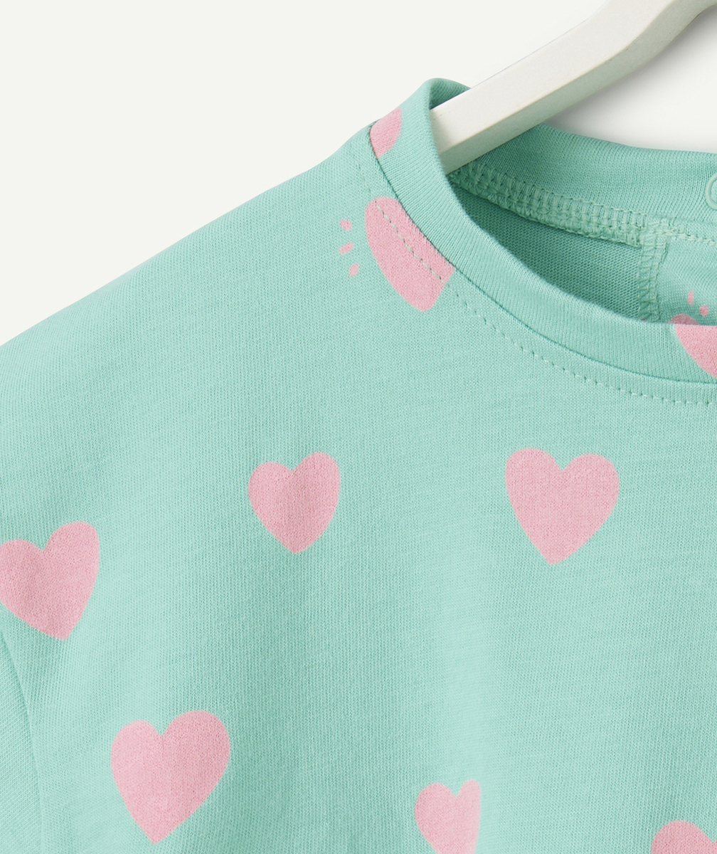 t-shirt bébé fille en coton bio vert imprimé coeurs roses