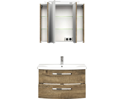 Pelipal Serie 4010 badkamermeubelset, afmetingen (B x H x D): 84 x 200 x 45 cm, fronten in eikenlook, Ribbeck 4-delige badkamermeubelset inclusief wastafel en spiegelkast met LED-verlichting