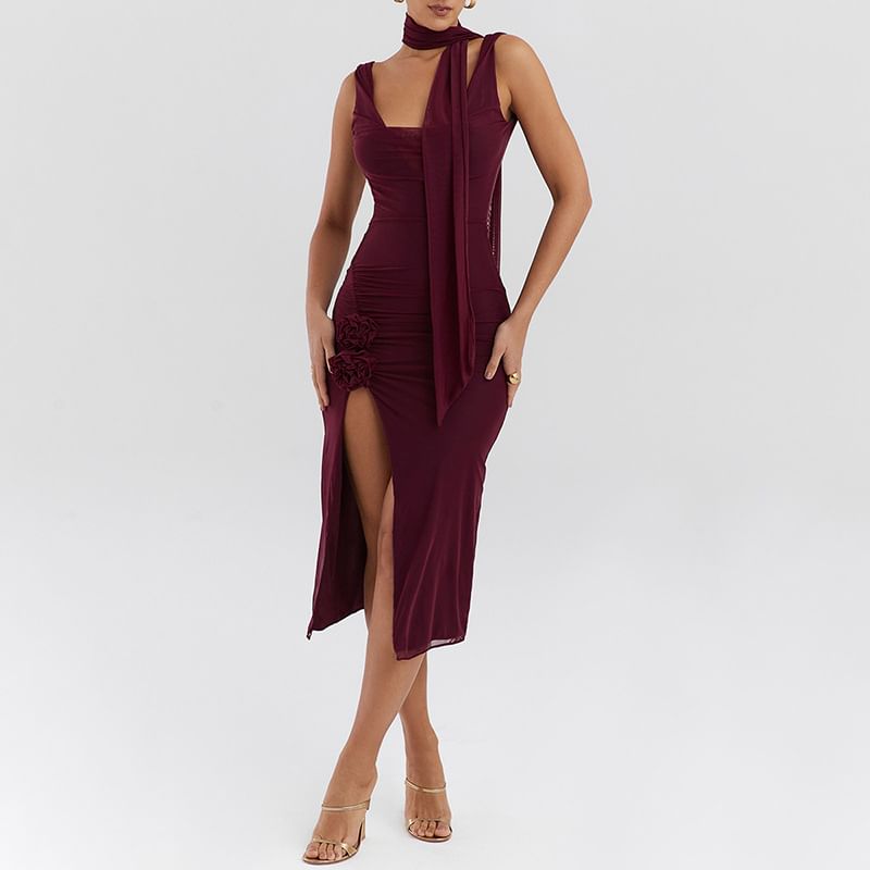Vanduous - Mouwloze vierkante hals, effen bloemendetail, split mesh midi-jurk