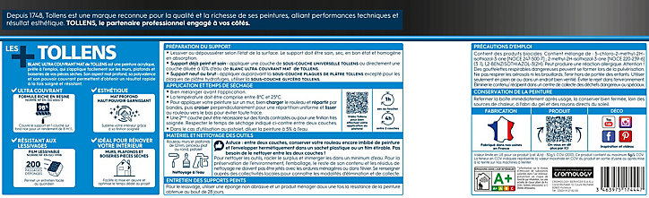 Peinture Tollens ultra couvrant murs, plafonds et boiseries mat blanc 2,5L